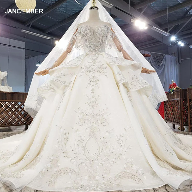 

HTL1848 Sequined Beading Wedding Dress 2020 Long Sleeve Applique Ball Gowns Crystal Off The Shoulder V-Neck