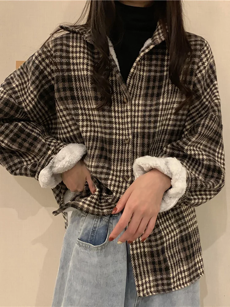 Женская утепленная блузка Свободное пальто средней и длины в клетку с матовым