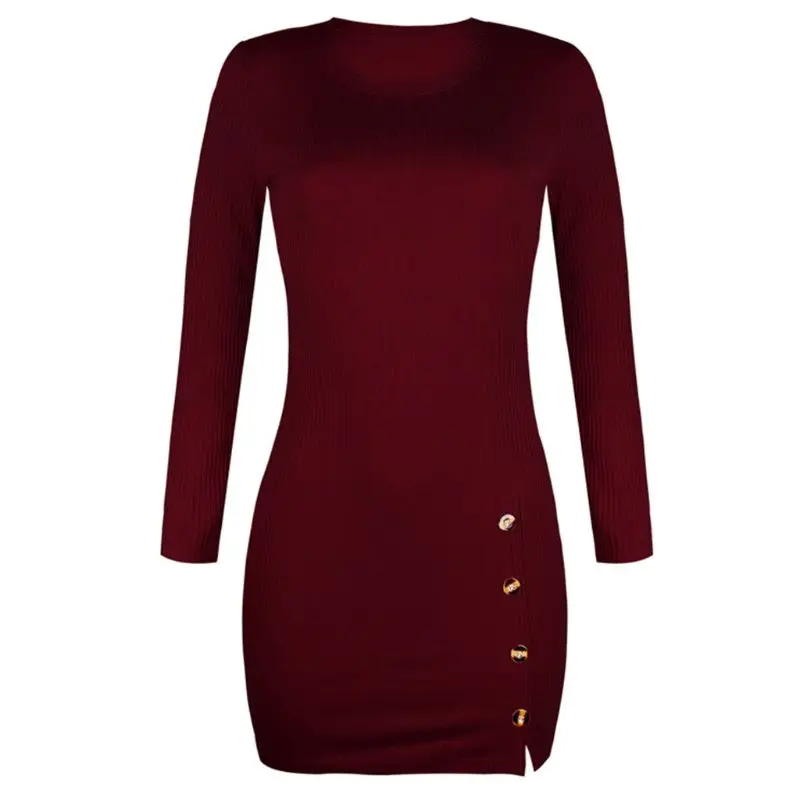 

Women Long Sleeve O-Neck Sexy Split Button Ribbed Bodycon Mini Sweater Dress