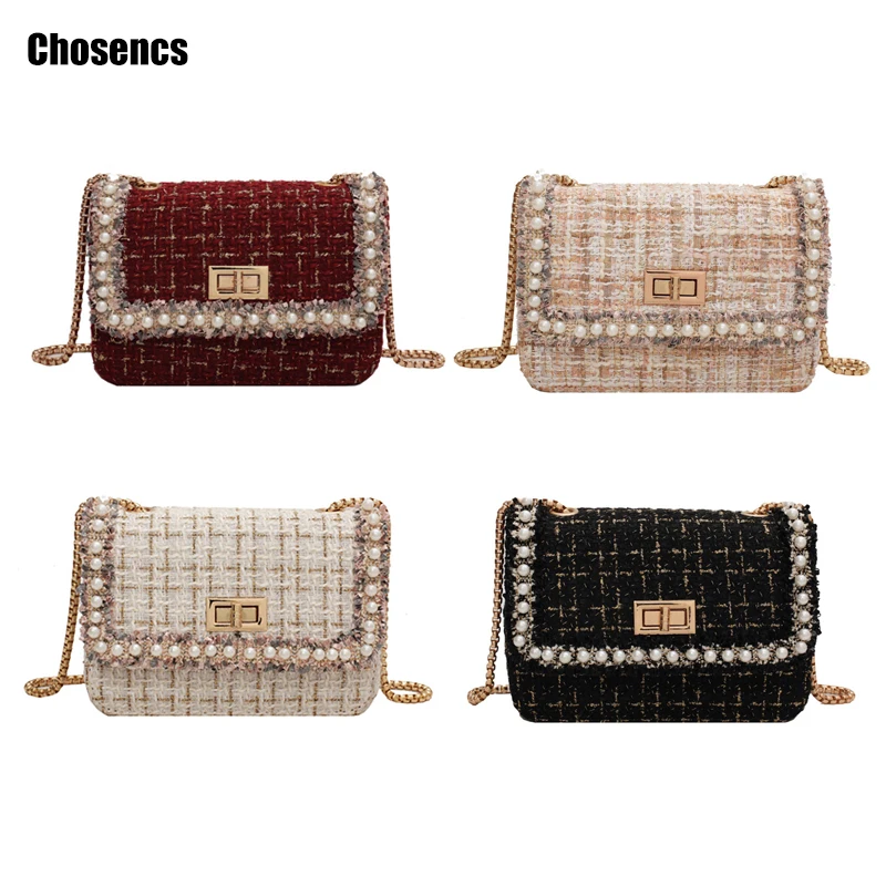 

Women Crossbody Bag With Pearl Luxury Designer Winter Woolen Cloth Plaid Pattern Fashion Evening Bag Ladies Party Wedding
