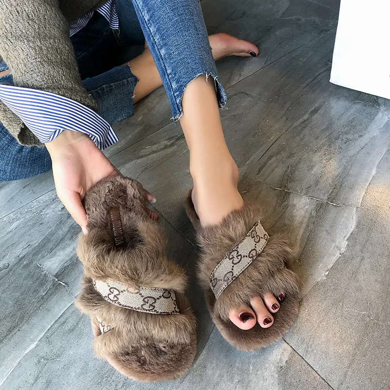 

Winter Shoes Woman 2021 Fluffy mules Flat Home Rabbit Fur Womens Indoor Warm Soft Slip House Slipper luxury flat shoe