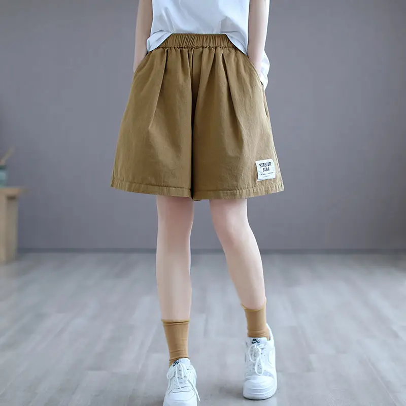

100% cotton elastic waist label shorts women's summer new loose casual pants women's thin retro wide leg pants