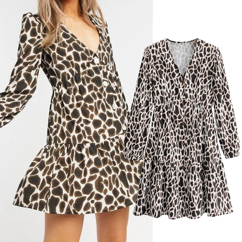 Женское мини-платье с длинным рукавом V-образным вырезом и принтом | Женская