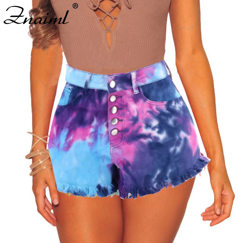 

Znaiml Summer Hot Shorts Women Jeans Tie-Dye High Waist Denim Short Fringe Frayed Ripped Jeans Shorts Pantalones Vaqueros Mujer