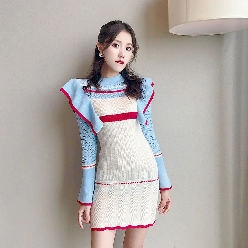 Женское платье вязаное осеннее с длинным рукавом водолазка высокая талия тонкий