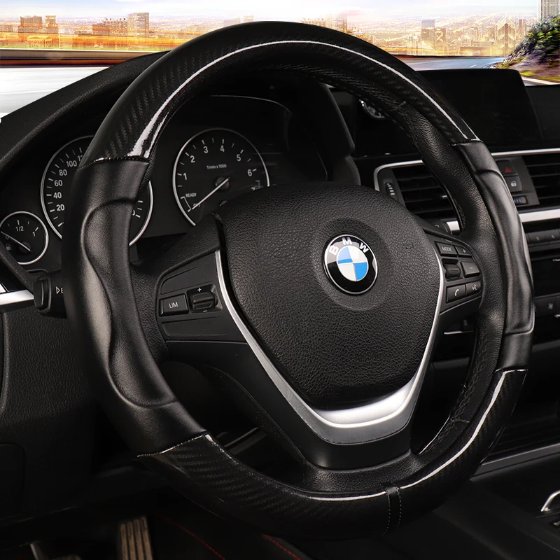 

Carbon fiber Sport Genuine Leather Car Steering Wheel Cover Size M 38cm for BMW X1 X3 X5 X6 E36 E39 E46 E30 E60 E90 E92