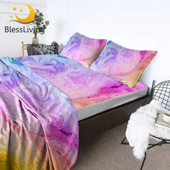 BlessLiving Colorful Marble Fitted Sheet Abstract Art Bed Sheet Set Natural Quicksand Flat Sheet Pastel Pink Blue Mattress Cover 1