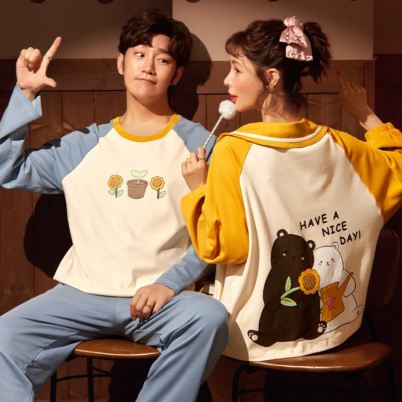 Новинка осенне-зимние пижамные комплекты из чистого хлопка для пар брюки