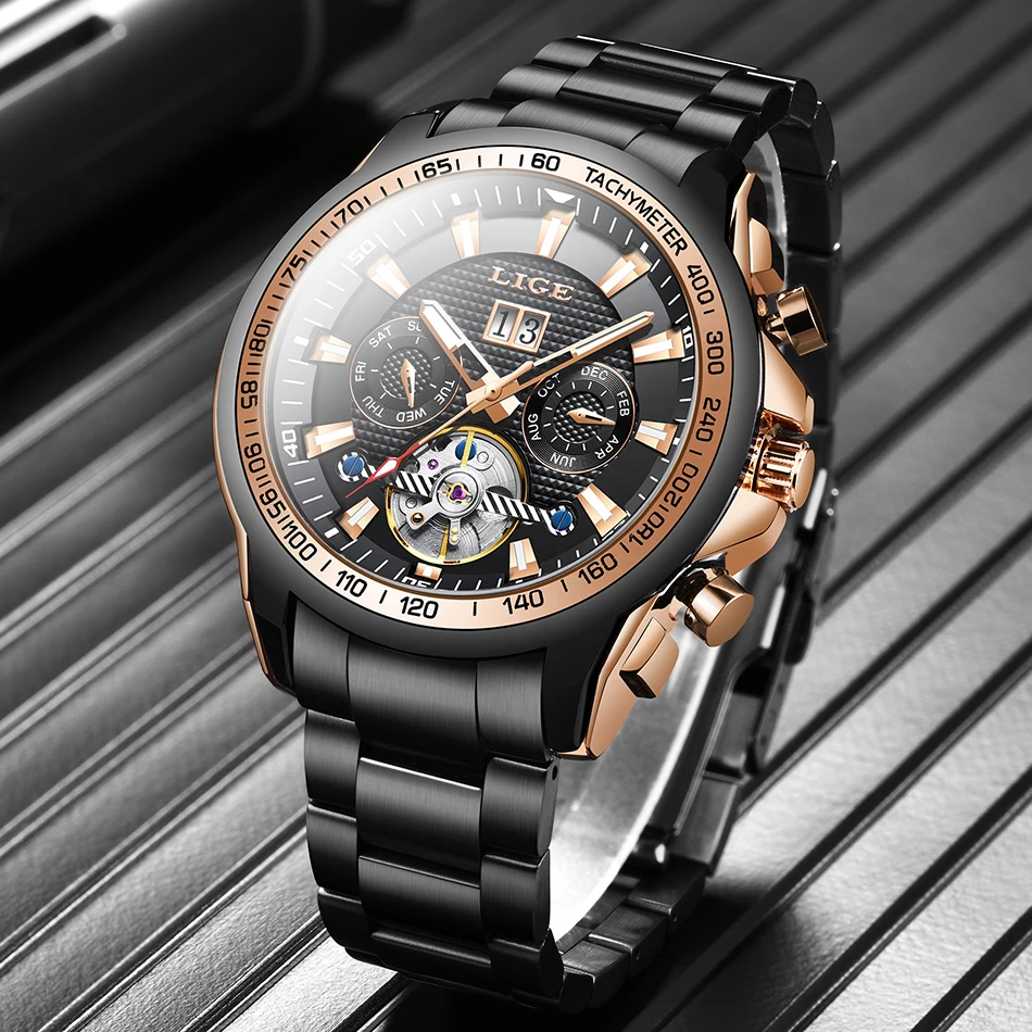 

LIGE Fashion 100 Meters Waterproof Luminous Automatic Mechanical Watches For Men Top Brand Luxury Tourbillon Business Men Watch