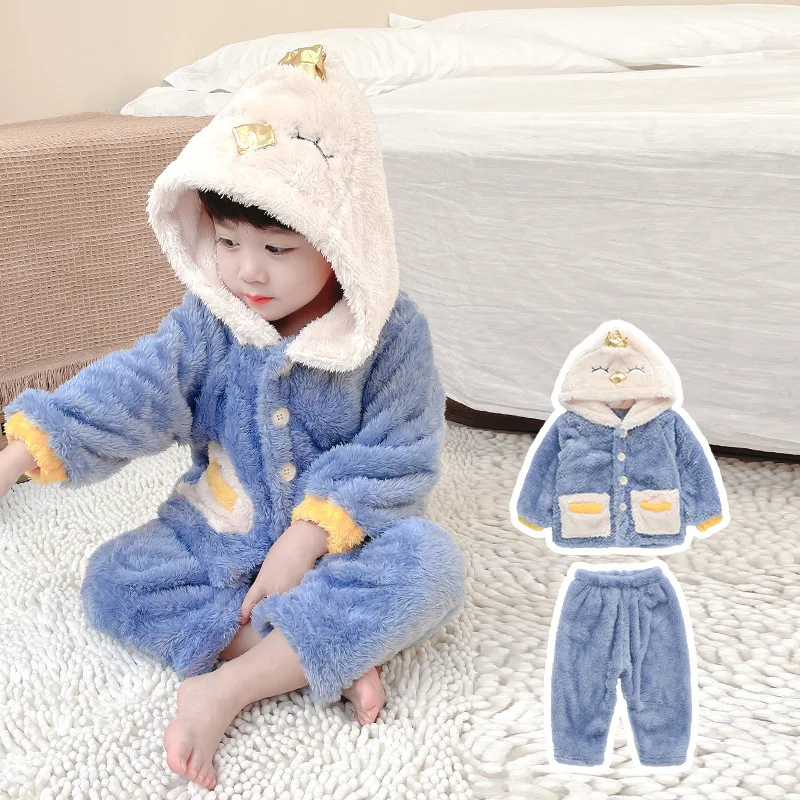 

Baby Boys Pyjamas Set 2022 New Autumn Winter Cartoon Hooded Homewear 2Pcs Suits Kids Fleece Clothes Sets 1-5Years Old
