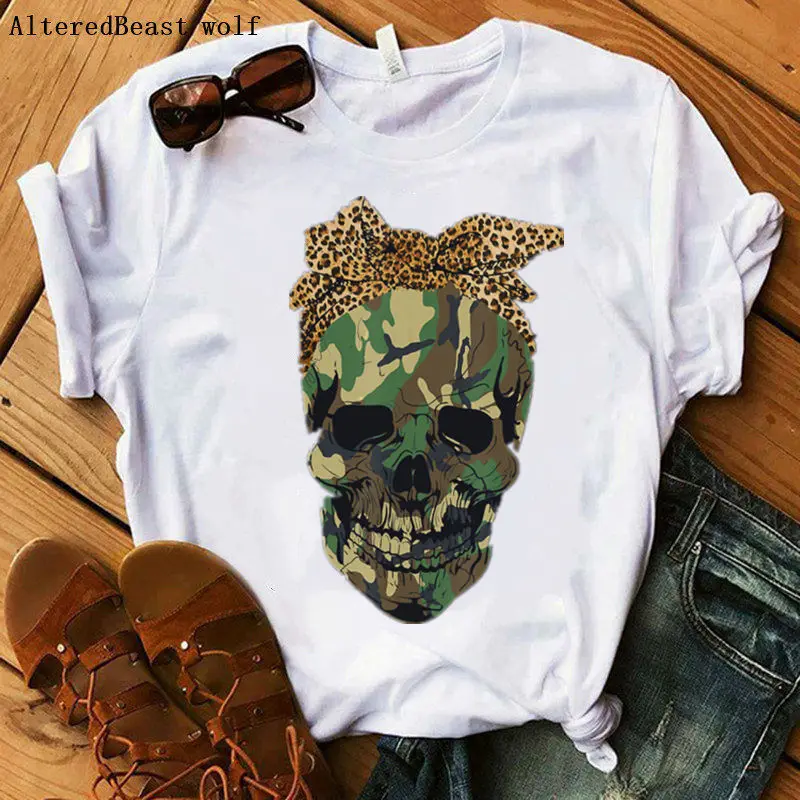 

Camouflage Skull Leopard Bandana Mom T-shirt Women Funny Skull Punk T Shirt Women Fashion Casual Short Sleeve Print Mama Clothes