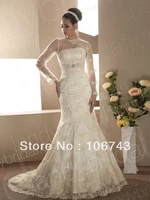 free shipping 2016 rhinestone bridal belt long sleeves mermaid lace wedding dress trumpet brush train bridal gown new hot