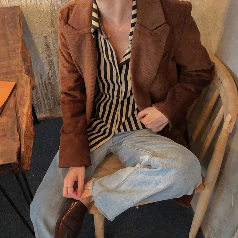 REALEFT Autumn Winter Vintage Corduroy Women's Blazer Pocket Full Sleeve Single Breasted Jacket Stylish Coat Female 2019 | Женская