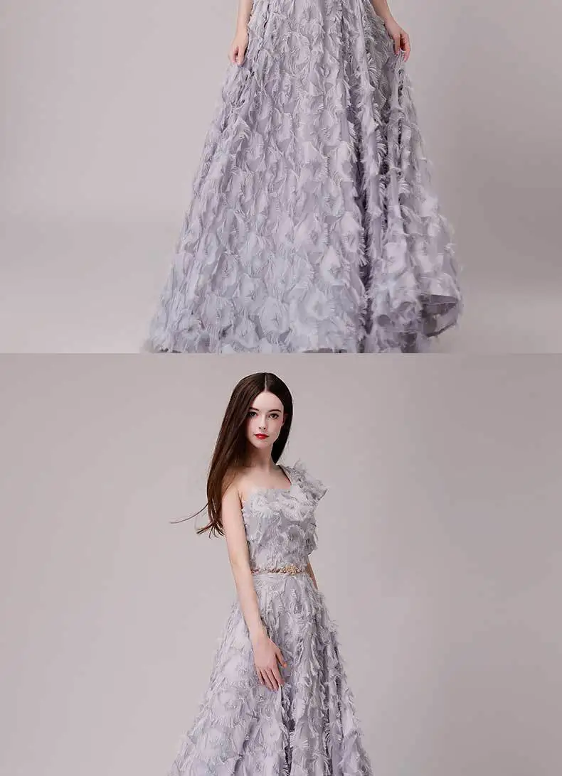 Vivian's Bridal Модное 3d кружевное аппликация вечернее платье сексуальное платье на одно плечо с цветами и перьями с оборками на рукавах женское вечернее платье