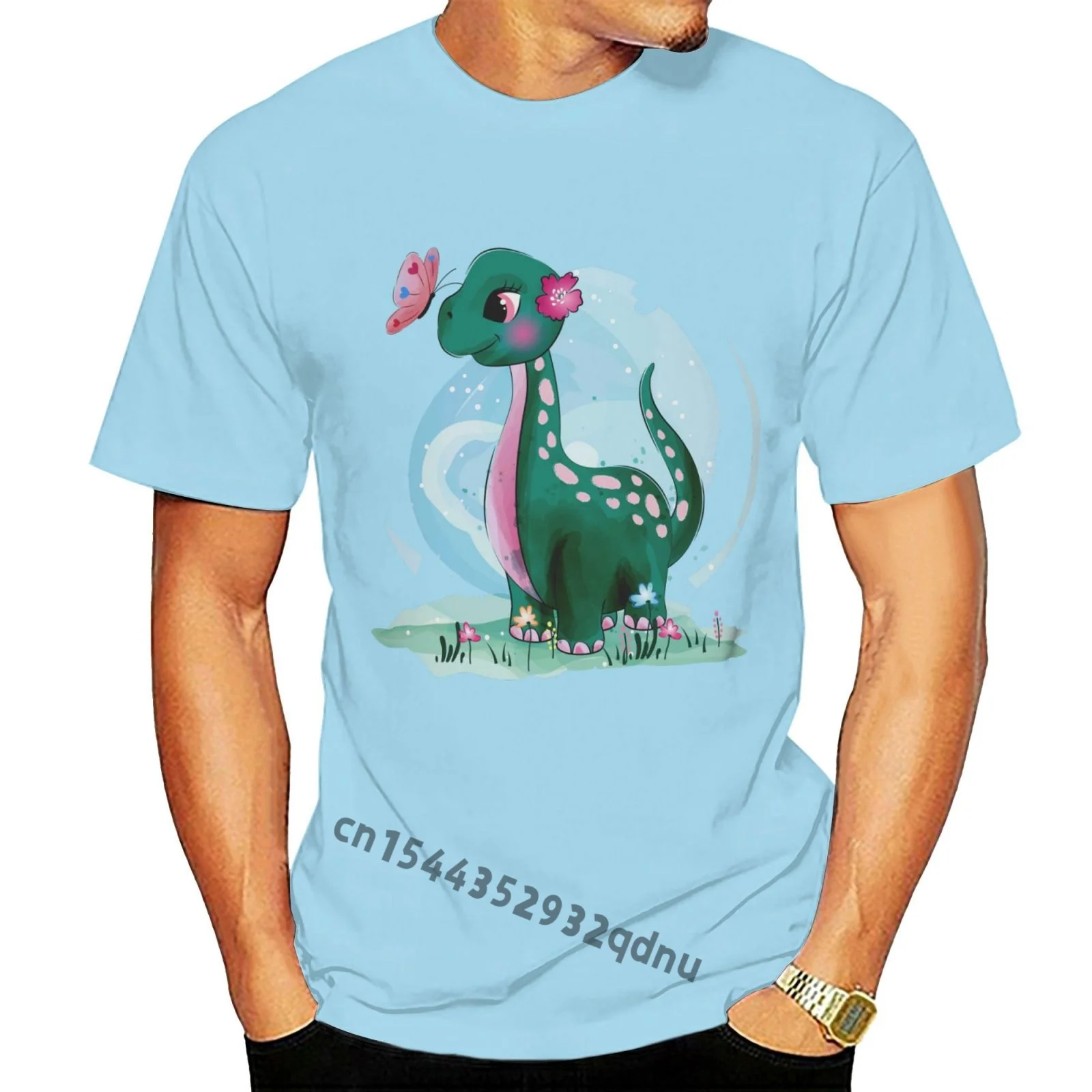 

Cute Little Dinosaur With Butterfly T Shirt Men's Sky Blue Quality Clown Tops Tees Custom male T-shirt S