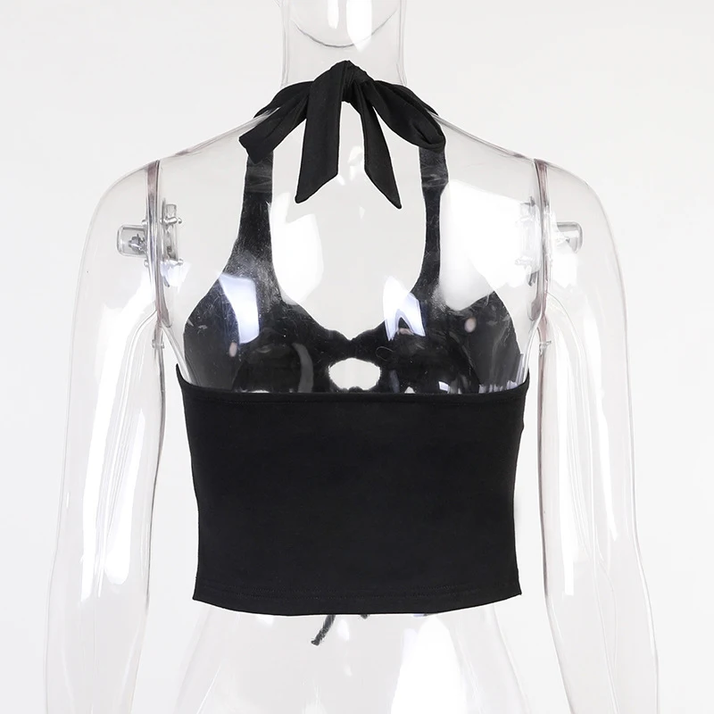 

ONEINALL Black Sexy Vest For Women V Neck Sleeveless Hollow Out Lace Up Solid Vests Female Fashion Summer Clothing 2021 New Tide