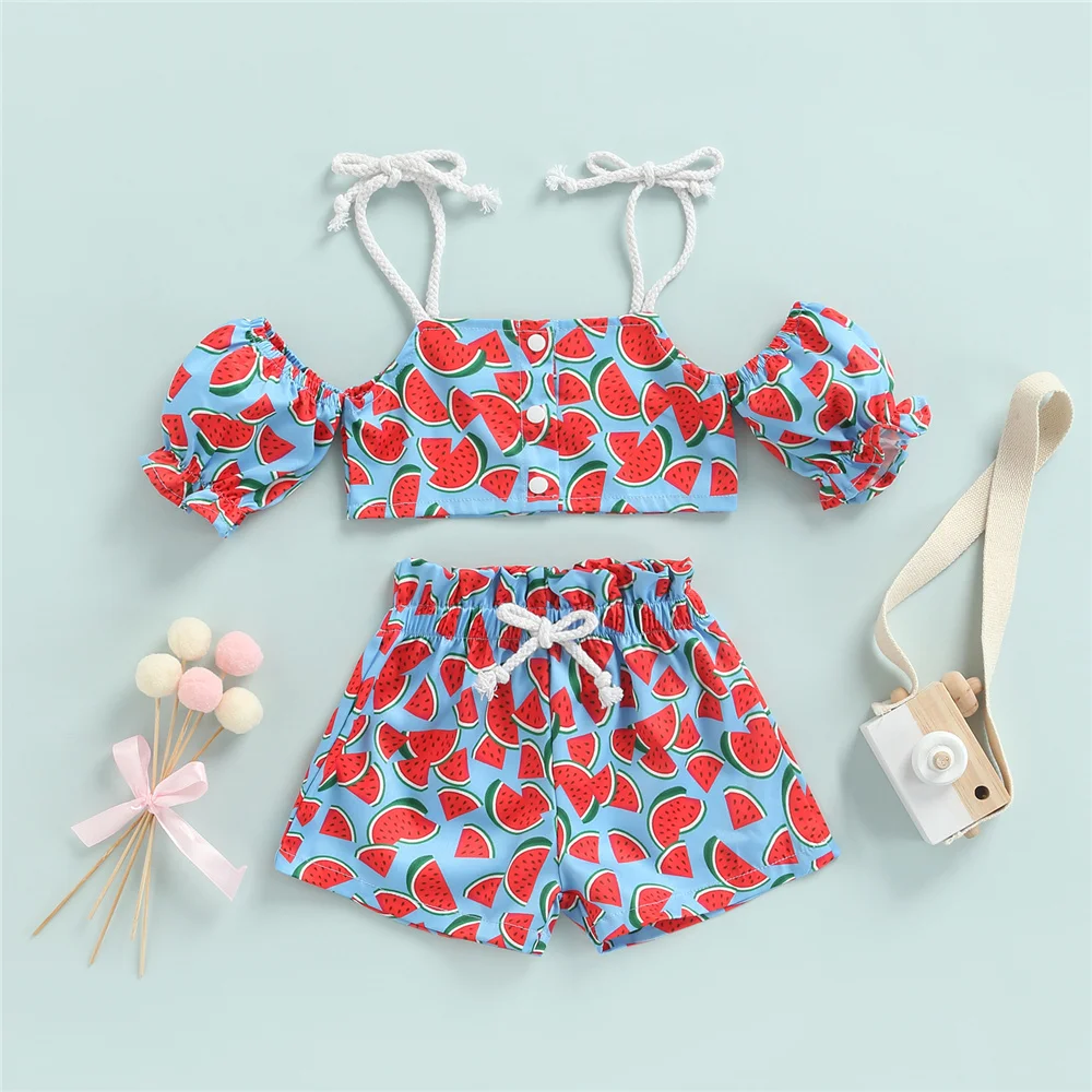 1-6 Years Summer Kids Girls 2 Piece Set Casual Off Shoulder Short Sleeve Cute Watermelon Printed Crop Tops Shorts Beach Vacation
