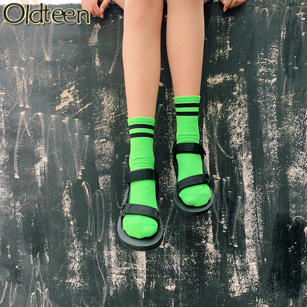 

Hot New Fashion Pure Color Classic Stripes Casual Neon Women Socks Harajuku Fluorescence Green Short Trend Street Cotton Socks