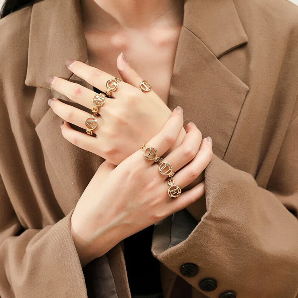 

Fashion Simplicity Vintage 26 Letters Gold Opening Women's Ring Geometry Aestethic Gothic Hip Hop Jewelry Accessories For Girl