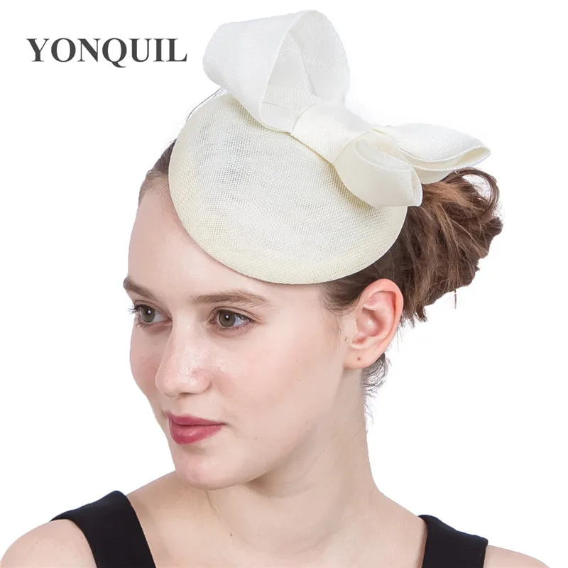 

Women Fancy Imitation Sinamay Fascinator Hats Headbands Ivory Bowknot Bridal Wedding Hats Cocktail Fascinator Accessories