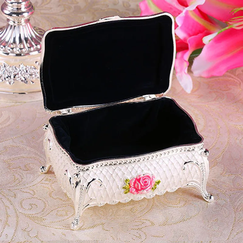 Classic Metal Jewelry Box Antique Tin Rectangle Jewelry Box Treasure Storage Organizer Chest with Rose Pattern Gift
