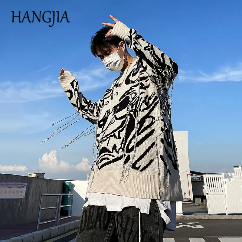 

Japanese Streetwear Knitwear Pullovers Women Retro Prajna Evil Demon Printed Knitted Sweaters Men Hand Sewn Pull Line Clothes