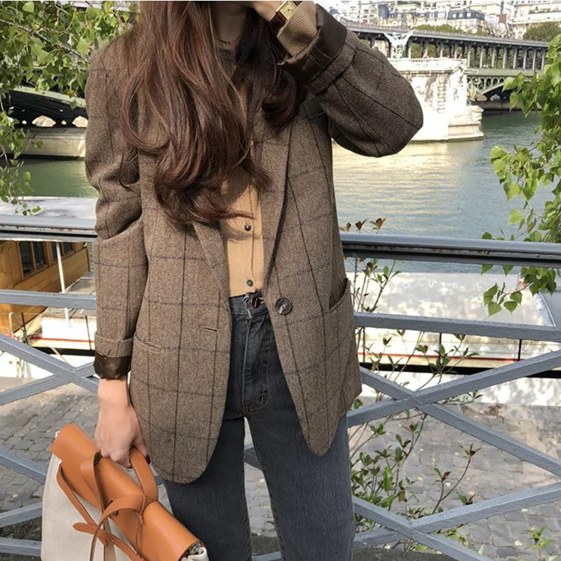 

Women Fashion Loose Notched Single Button Blazer Spring Korean Vintage Plaid Blazers Female Casual Coat Blazer Feminino