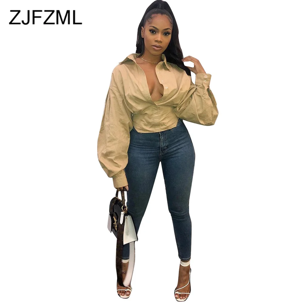 

Turn-down Collar Long Lantern Sleeve Blouse Shirt for Women Fashion Buttons Up Slim Fit Club Party Tops Autumn All-match Blouse