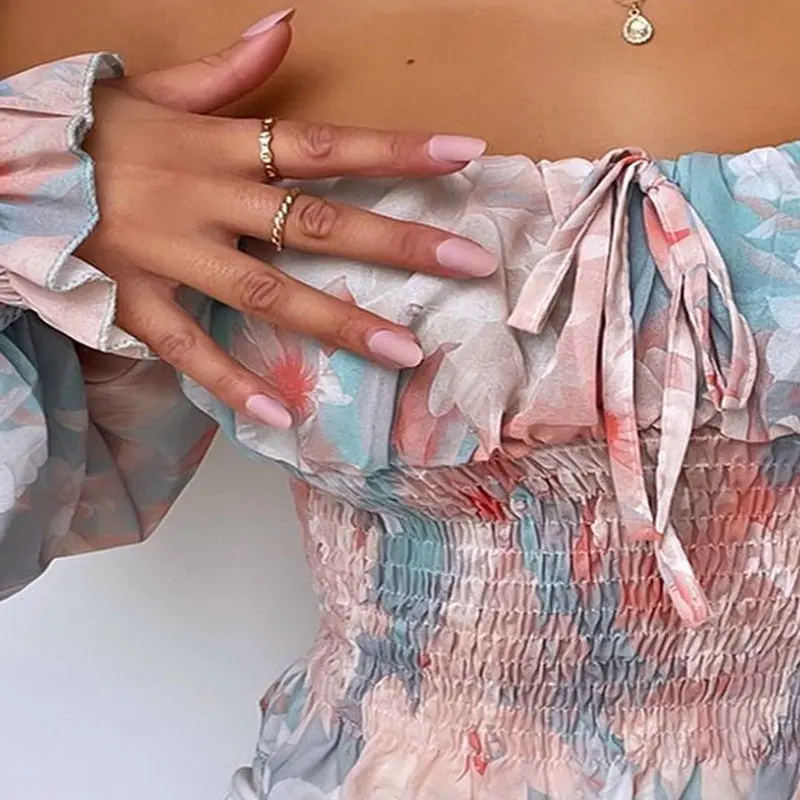 

2021 Summer New Women's Casual Long-sleeved Slim Sexy Off-the-shoulder Top Ruffled Lantern Sleeve Floral Print Ruched Top Shirt