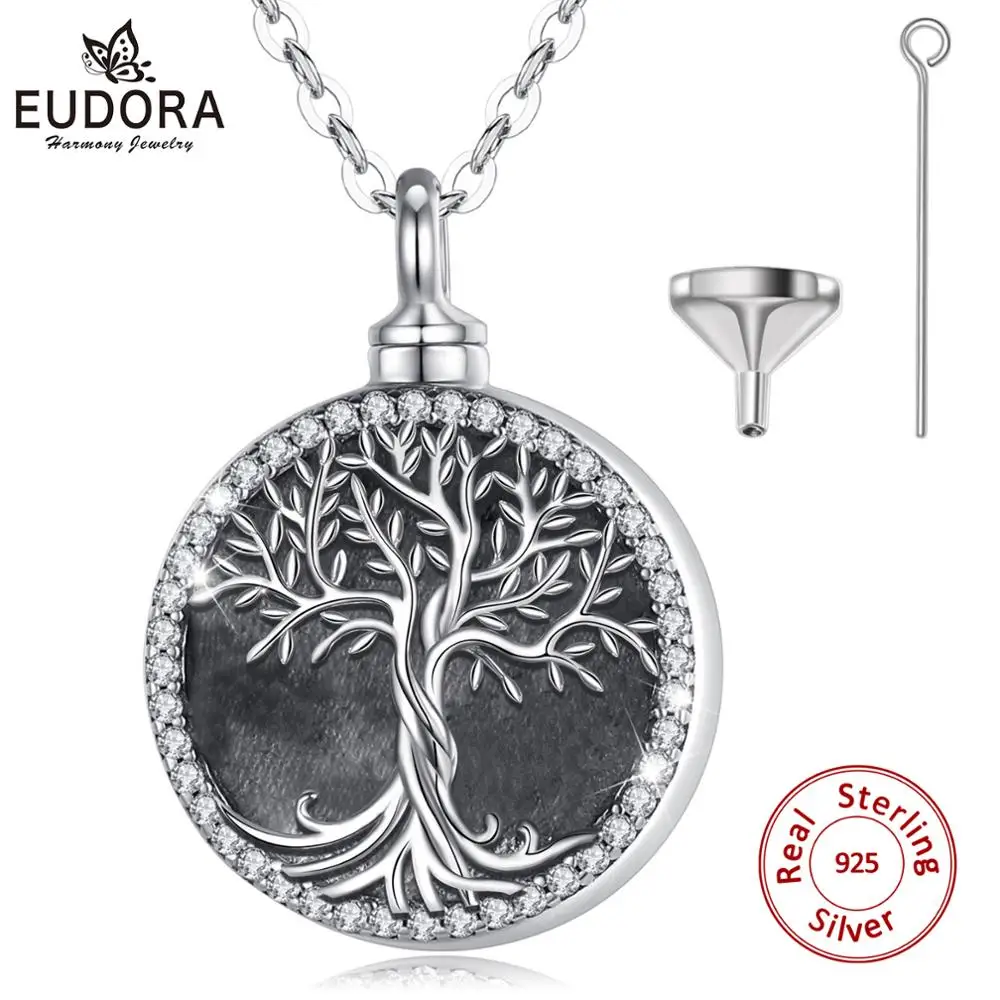 Eudora 925 Sterling Silver Tree of Life Crystal Locket Pendant Cremation Memorial Ashes Urn Twisted Oak Necklace DIY Jewelry G20