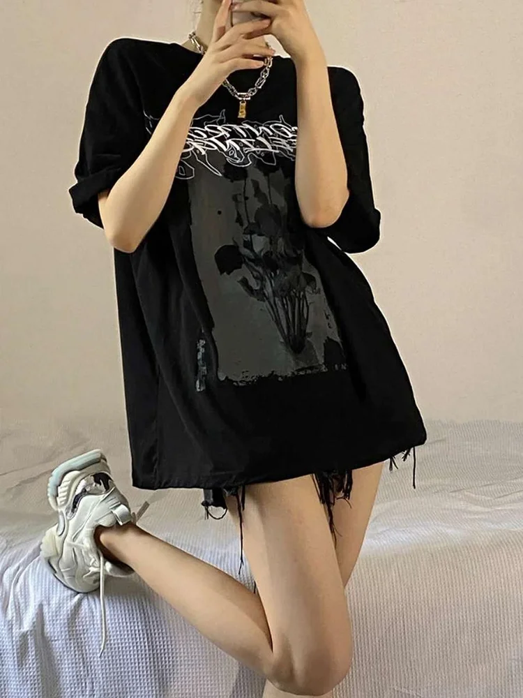 

Женские футболки, летние универсальные модные свободные тонкие футболки с круглым вырезом, одежда для пар, черные топы с коротким рукавом д...