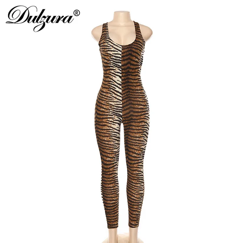 

Dulzura tiger anmial print jumpsuit fitness backless hollow out sexy cross streetwear 2019 autumn winter active wear clothes