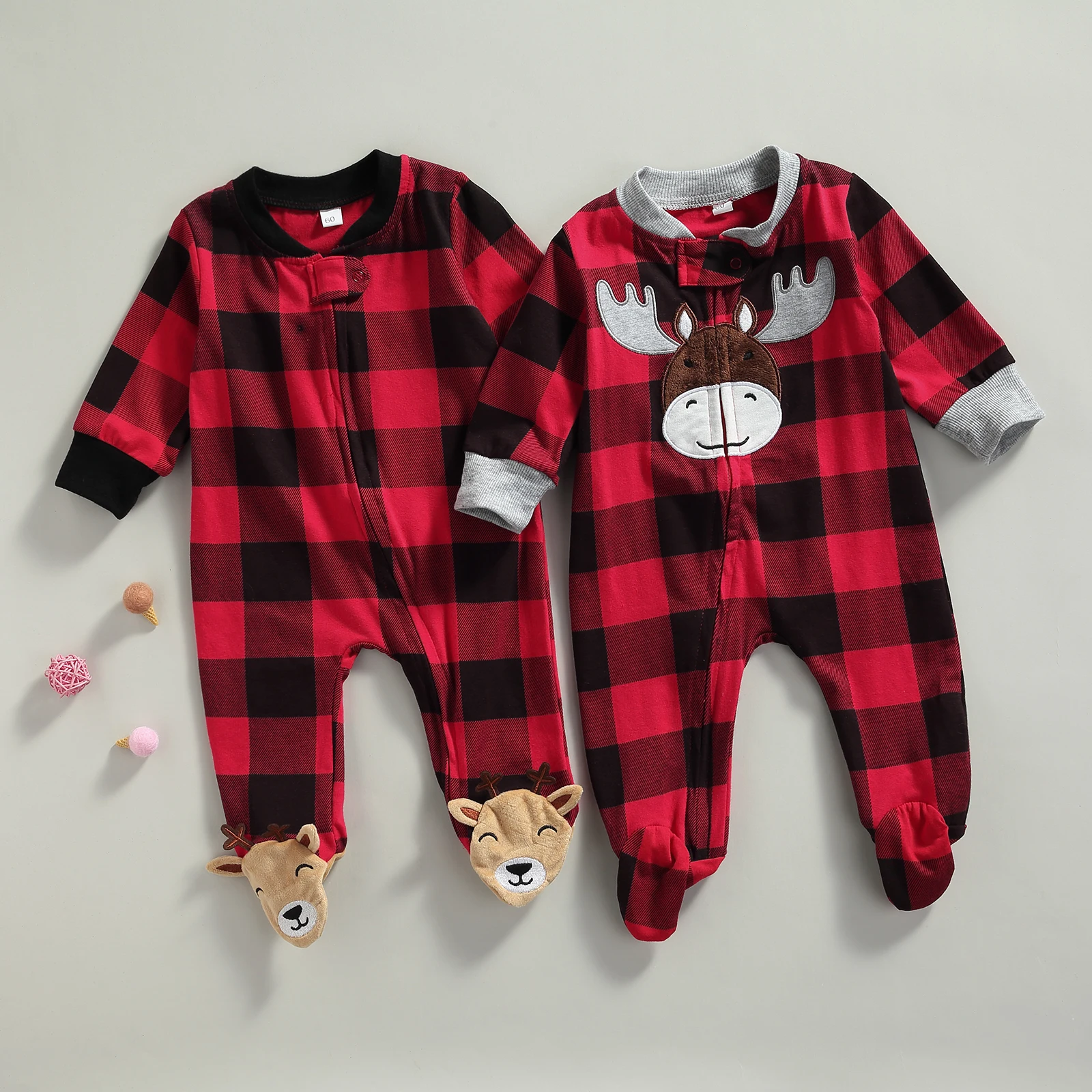 

0-9 Mounth Newborn Christmas Plaid Romper Baby Deer Embroidered Pattern Long Sleeve Round Neck Footed Jumpsuit