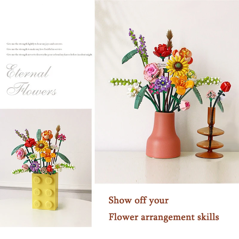 Ramo de bloques de construcci&oacute;n en 3D para ni&ntilde;os, modelo de juguete para decoraci&oacute;n del hogar, planta en maceta, crisantemo, rosa, ensamblaje de flores, juguete para ni&ntilde;a-5