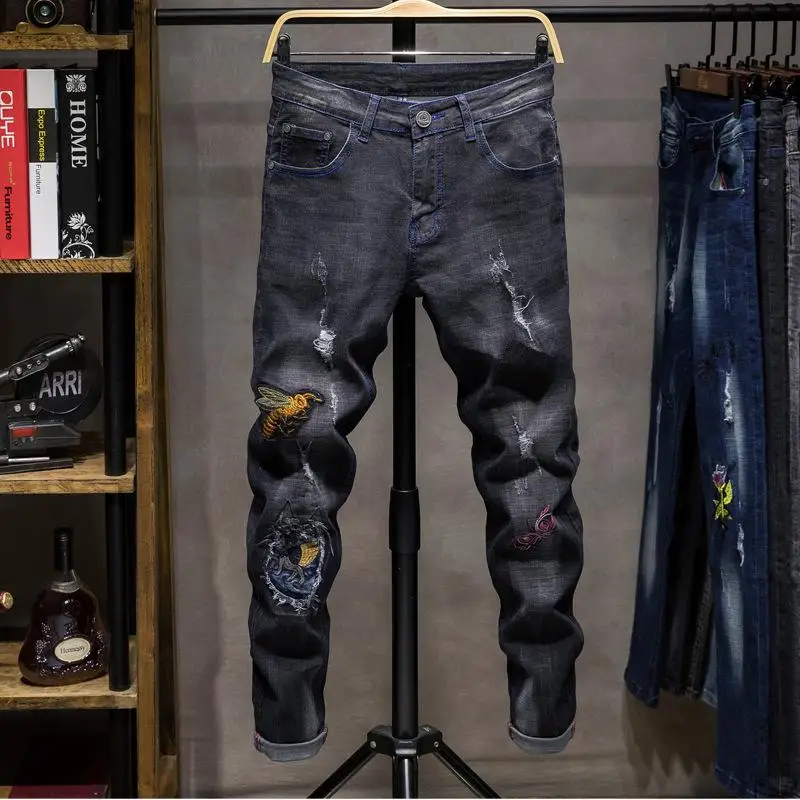 

New Arrivals Men's Fashion Biker Jeans Slim Fit Straight Denim Pants Distressed Trousers
