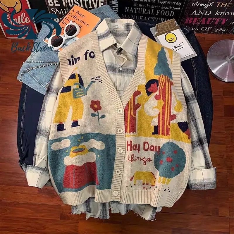 

BACKSTROM Women Sweater Vest Autumn College-style Lazy Knit Vest Female Retro Japanese-style Loose Royal Blue Crop Tops