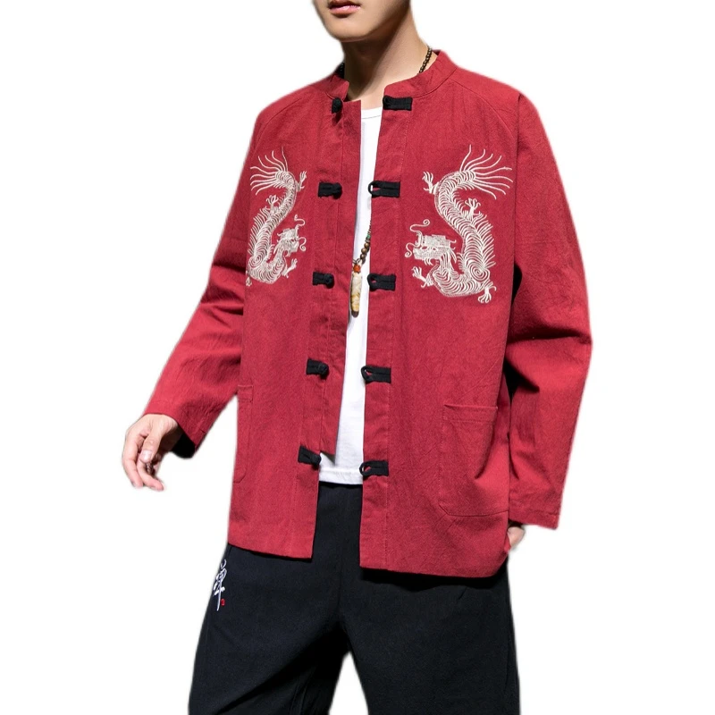 Chinese Style Embroidered Jacket 2021 Cotton Linen Tang Suit Wudang Disc Button Tunic Plus Size Tops Men Cloting |