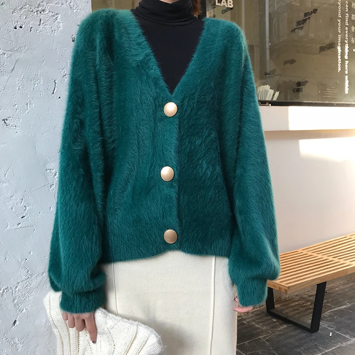 

Women Imitation Mink Wool V-Neck Cardigan Jacket White Short 2020 Autumn Winter Korean Single Breasted Solid Casual Loose