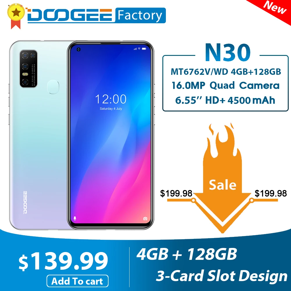Смартфон DOOGEE N30 4 Гб 128 Octa Core 6 55 &quotHD + 4500 мА/ч глобальный 4G мобильный телефон Android 10