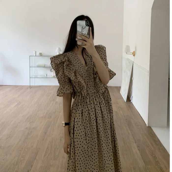 

Ppshd Summer Korean Retro Whimsical Girl Polka Dot Ruffled V-neck High Waist Large Swing Dress