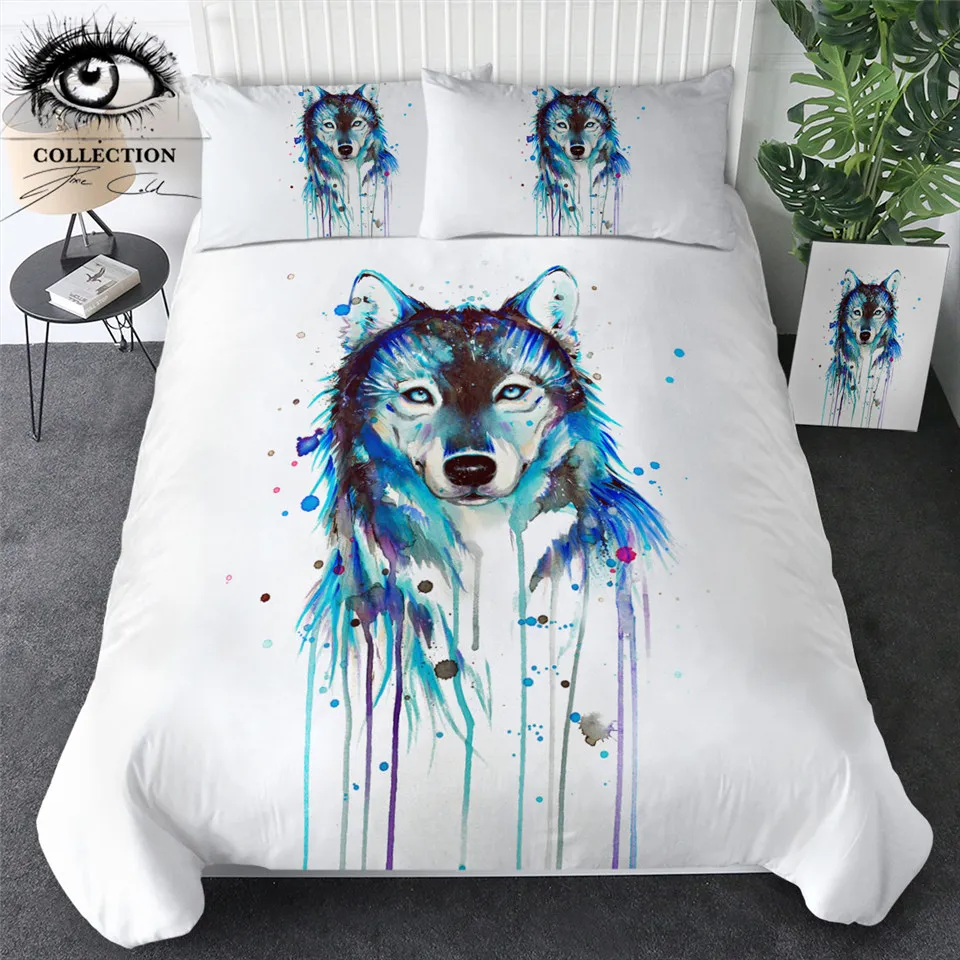 

Ice Wolf by Pixie Cold Art Bedding Set Watercolor Printed Duvet Cover With Pillowcases Blue Animal Home Textiles 3pcs Bedclothes