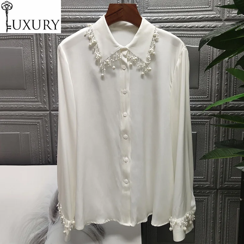 2020 Top Quality New Autumn Blouse National Silk Women Tassel Beading Deco Long Sleeve Elegant White Shirt Blusas Feminino