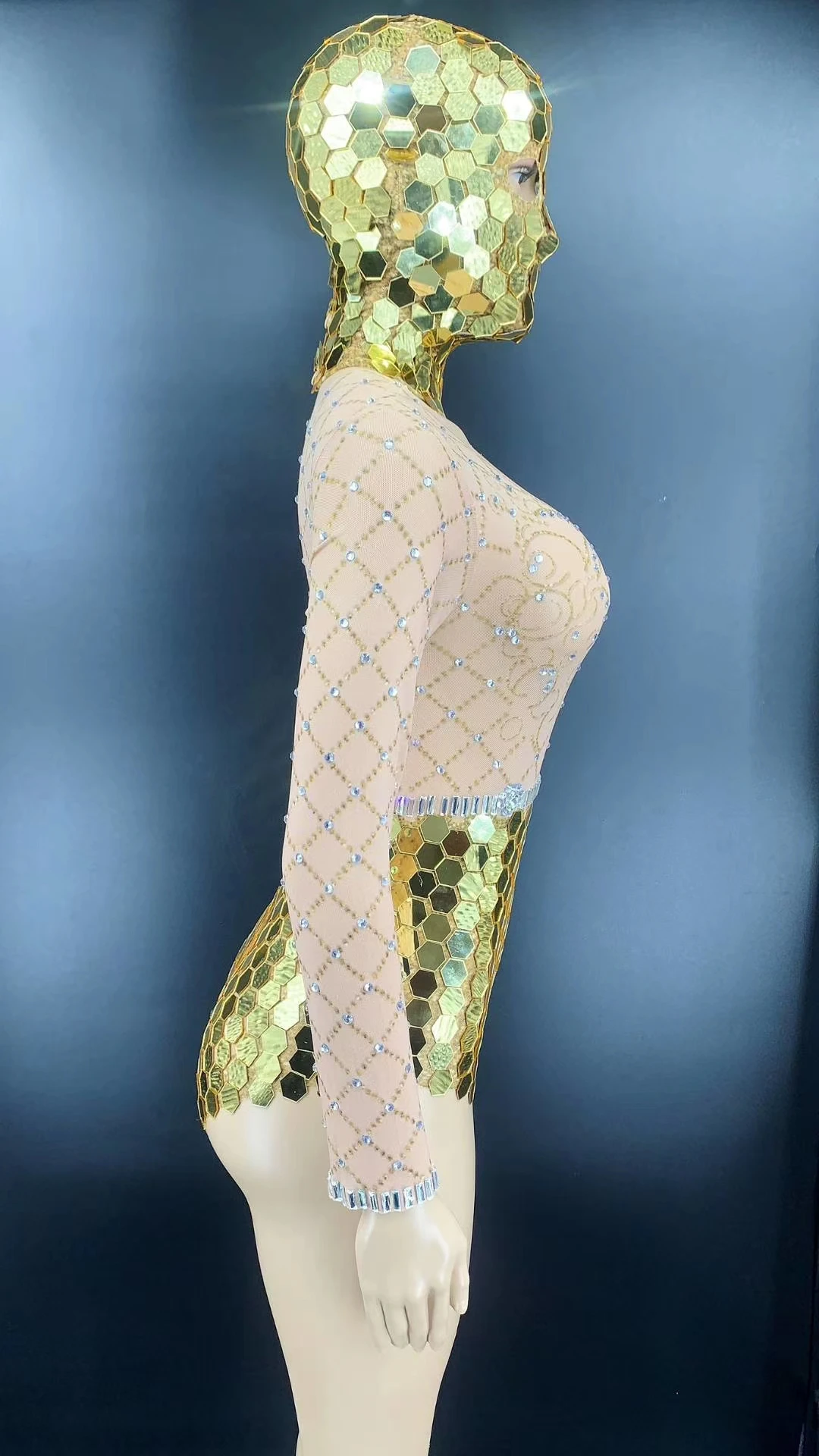 IFox Gold Sequined Beading Mesh See Through Jumpsuit for Women 2020 Fashion O Neck Long Sleeve Slim Women Stage Costume