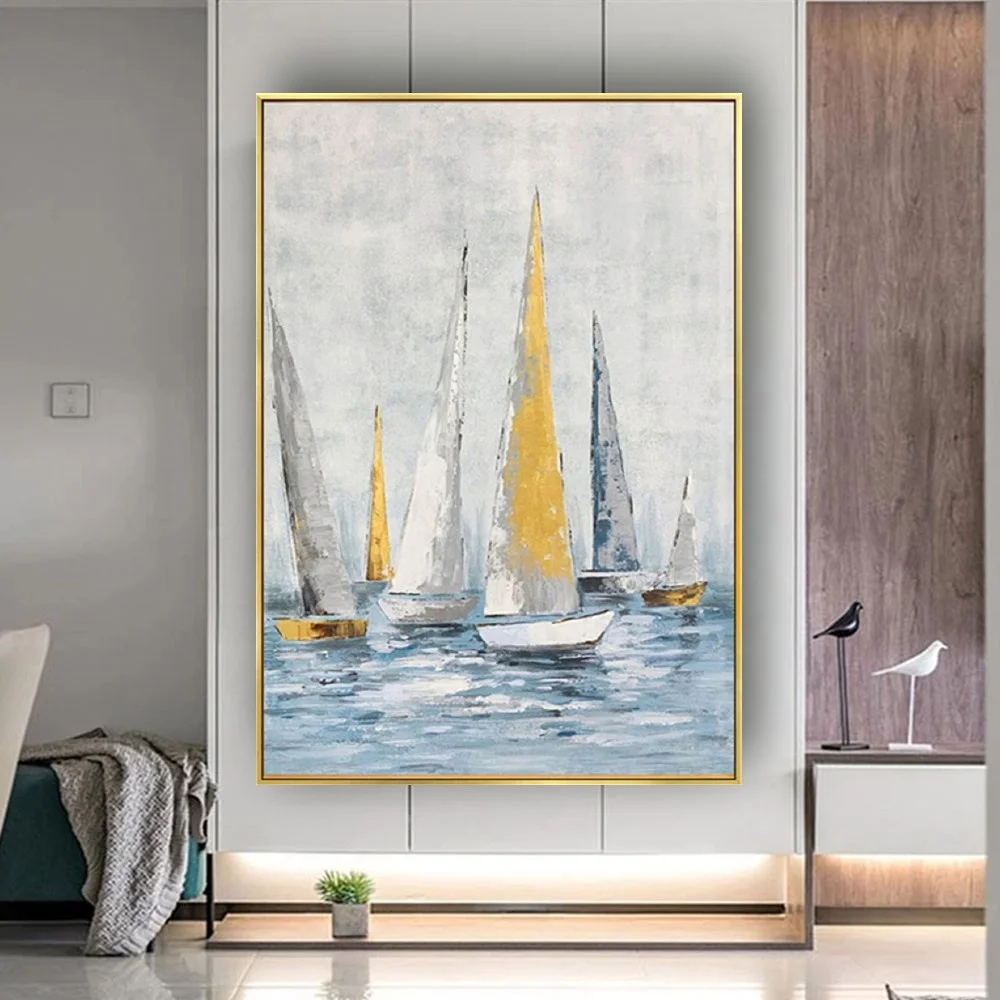 

100% Hand-painted modern sail boat oil painting seaside sailing scenery modern home decor wall art picture unique gift