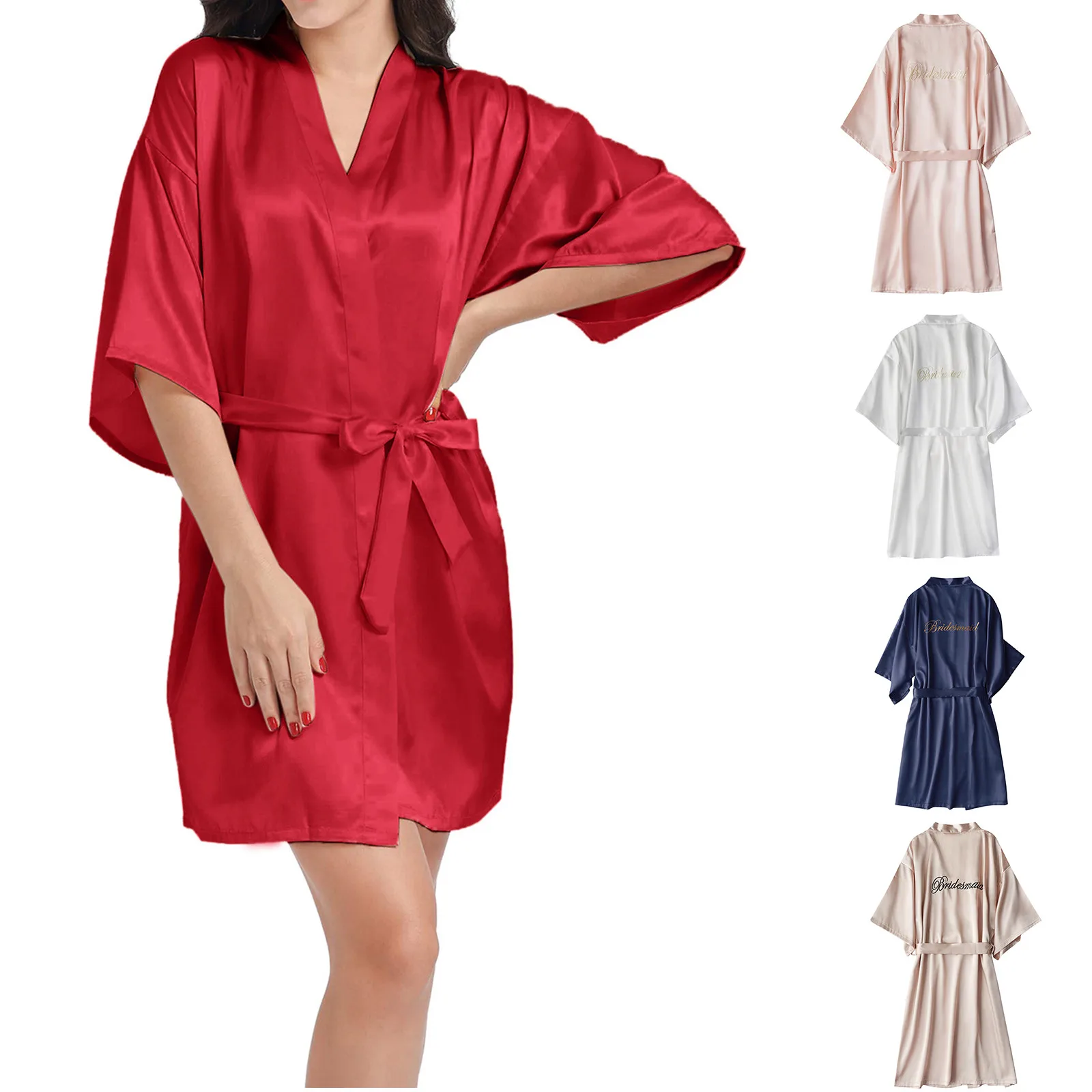 

Модное однотонное шелковое кимоно, халат, женский шелковый халат для подружки невесты, сексуальные темно-синие халаты, Атласный халат, одеж...