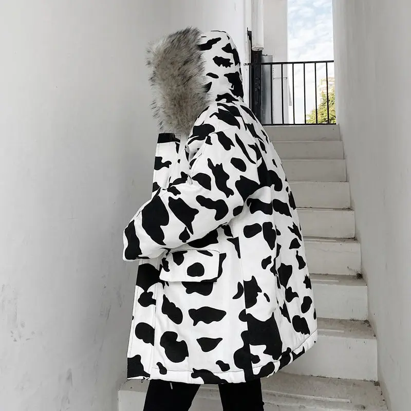 

IEFB winter oversized coat for men fashion new thick men's clothes Zebra print loose cotton padded jackets with fur collar 4439