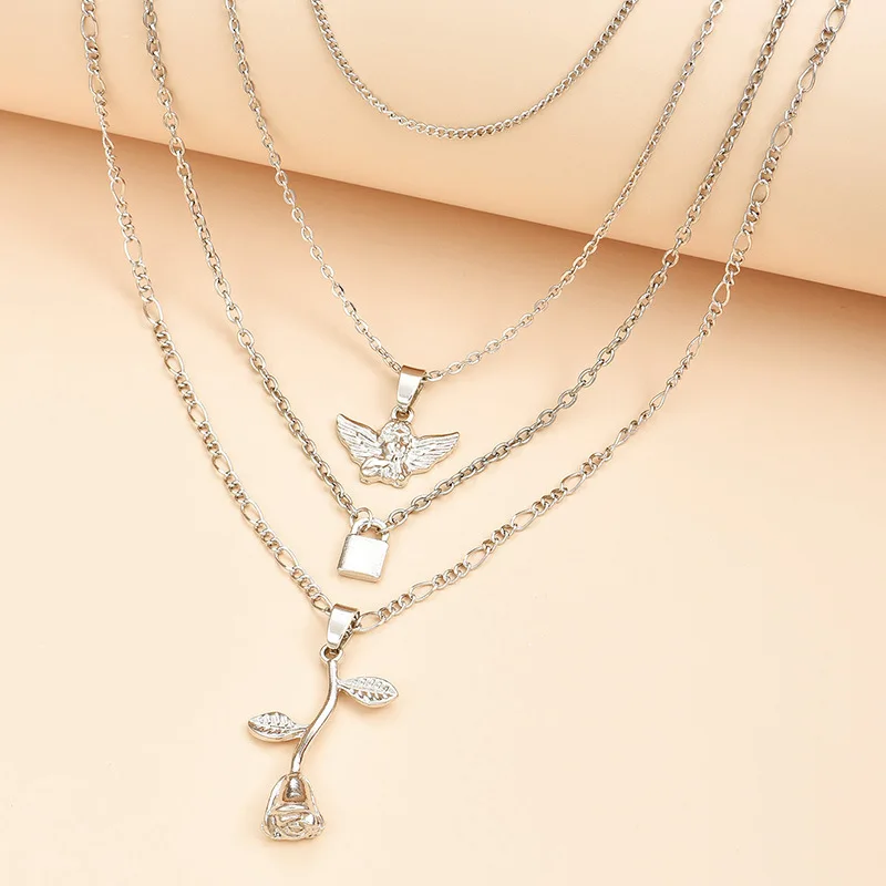 4 шт./компл. женские ожерелья набор ретро роза Ангел ребенок замок висит ключица