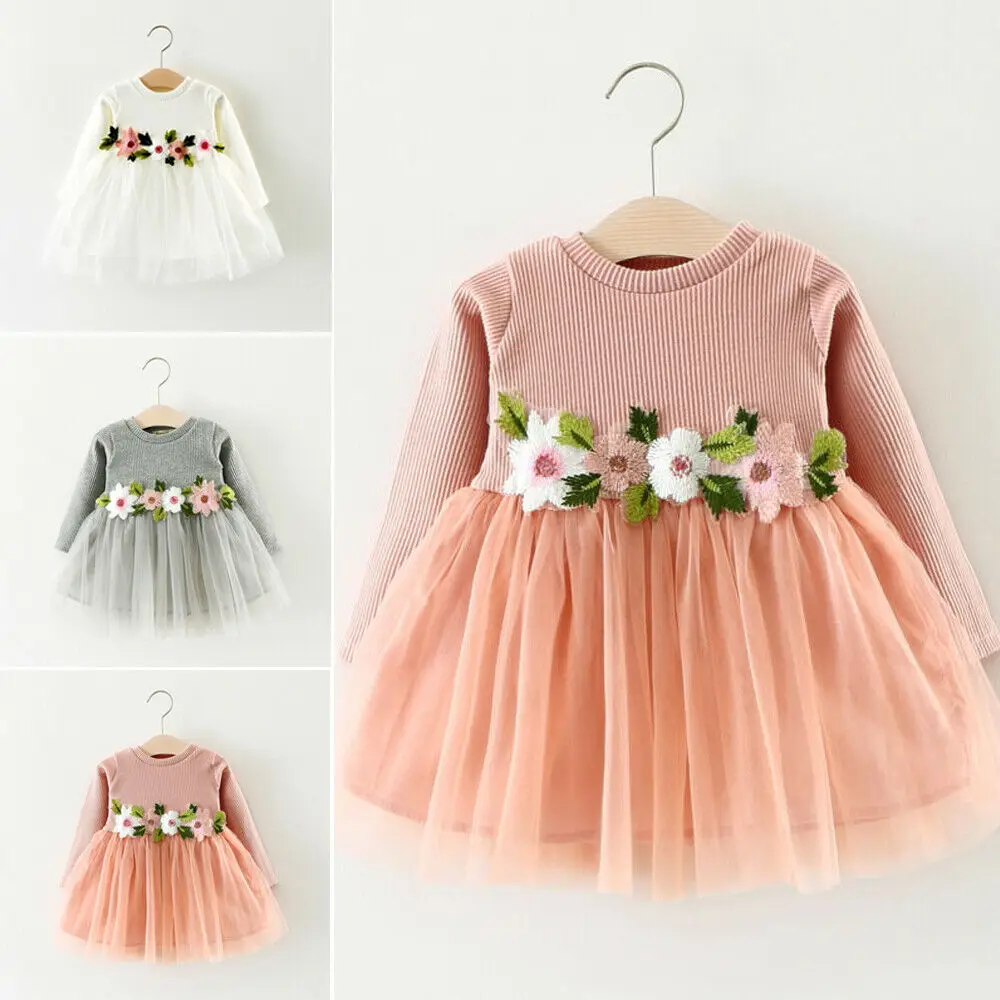 

Toddler Baby Girls Flower Dresses Round Neck Long Sleeve Stripe Solid Color Mesh Patchwork Panel Cute Princess Dress for Party