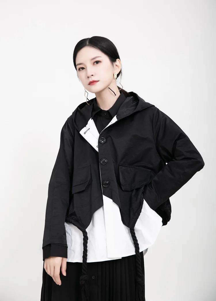 

MSXU 2020 Hot-selling New Women Short Hooded Jacket Fake Two pieces Of Fashionable Casual Loose Large Size Cloak Women Jacket