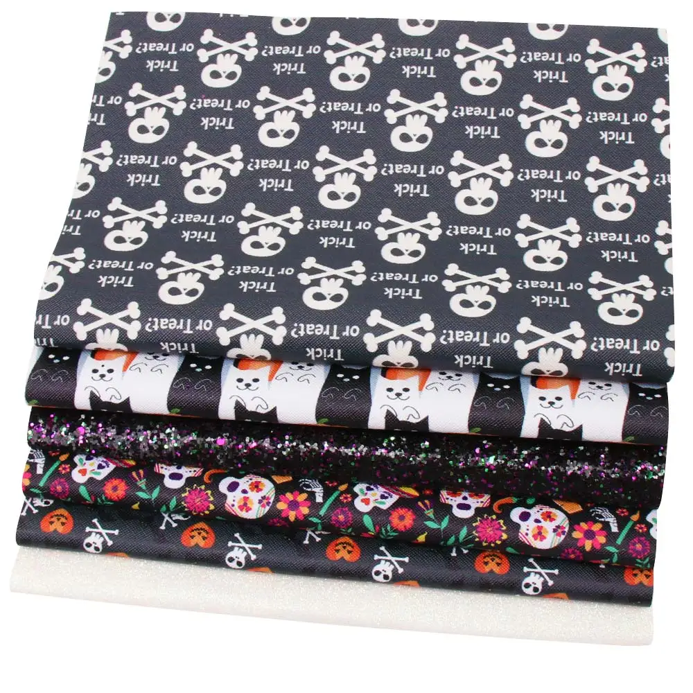 

IBOWS 22*30cm Halloween Faux Leather Pumpkin Print Faux Synthetic Leather Fabric Sheet DIY Hair Bows Phone Case Bags 6Pieces/Set